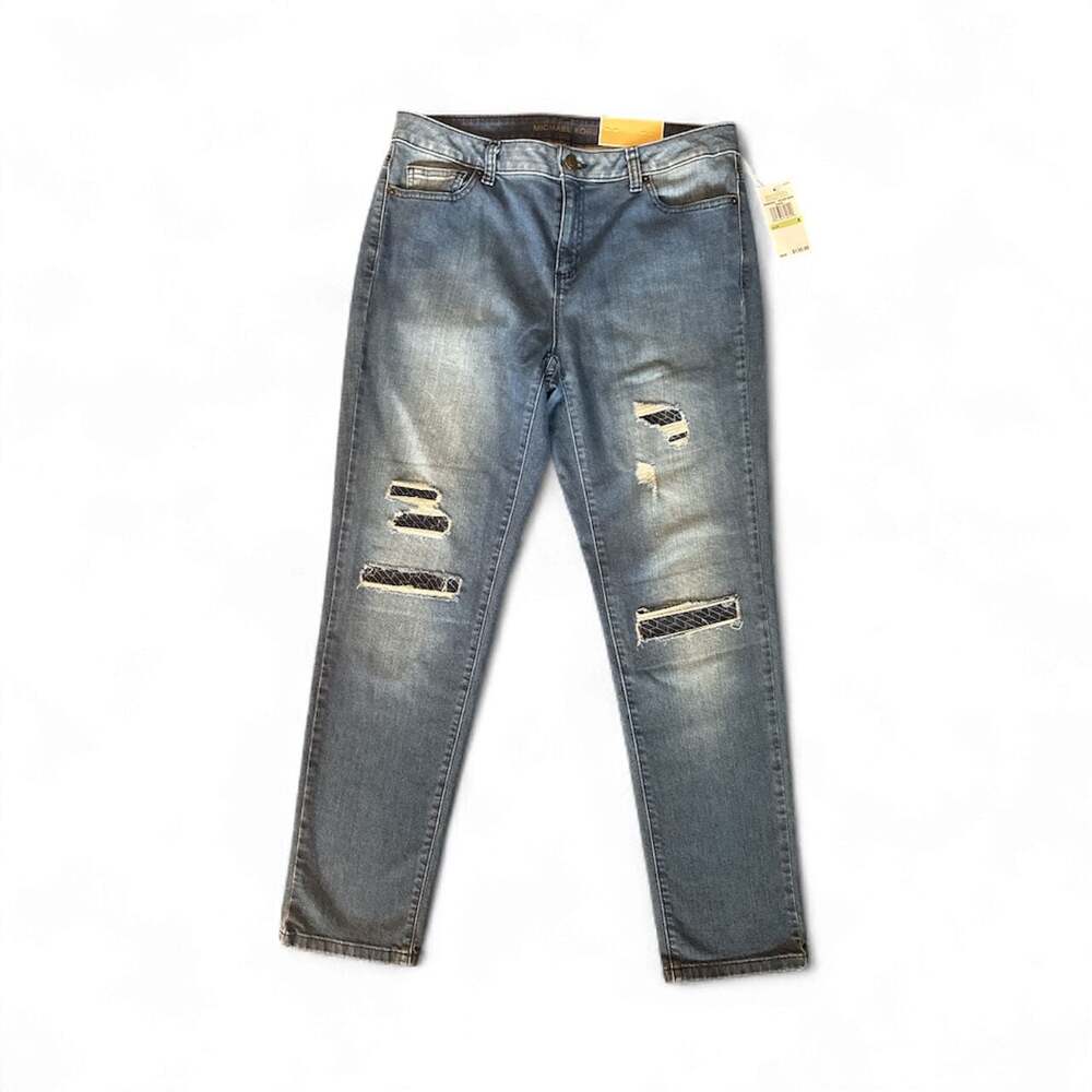 Michael Kors ripped patched jeans stretch patchwk indigo dillon relaxed size 8